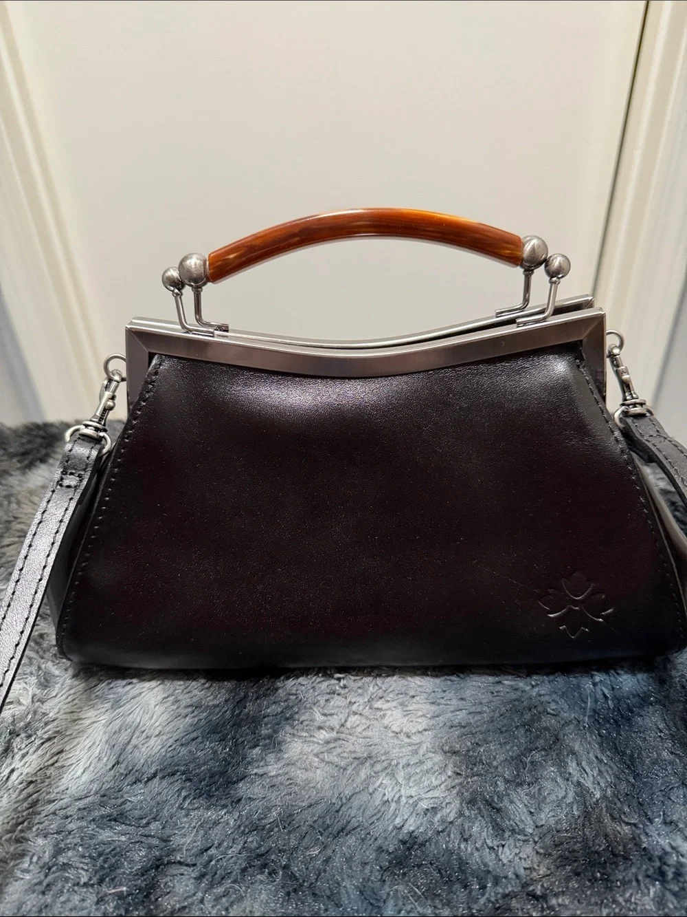 Patricia Nash Black  Leather Frame Satchel with Amber Handle